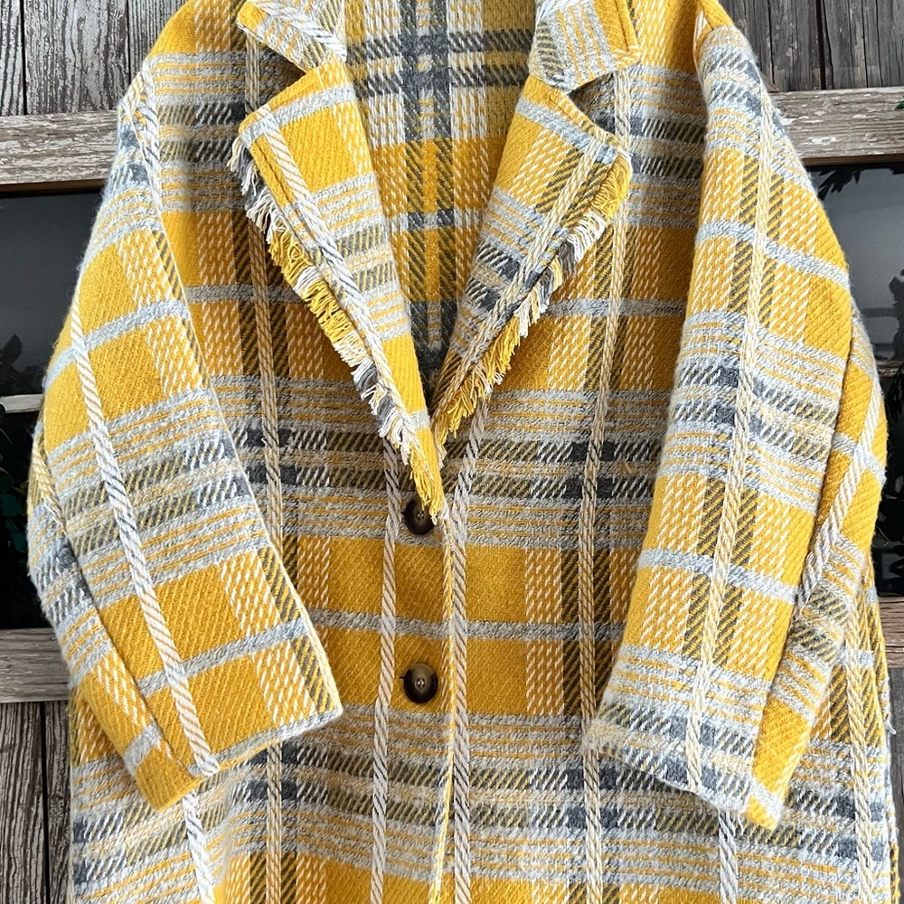DAVI & DANI Mustard and Gray Plaid Fringe Coat